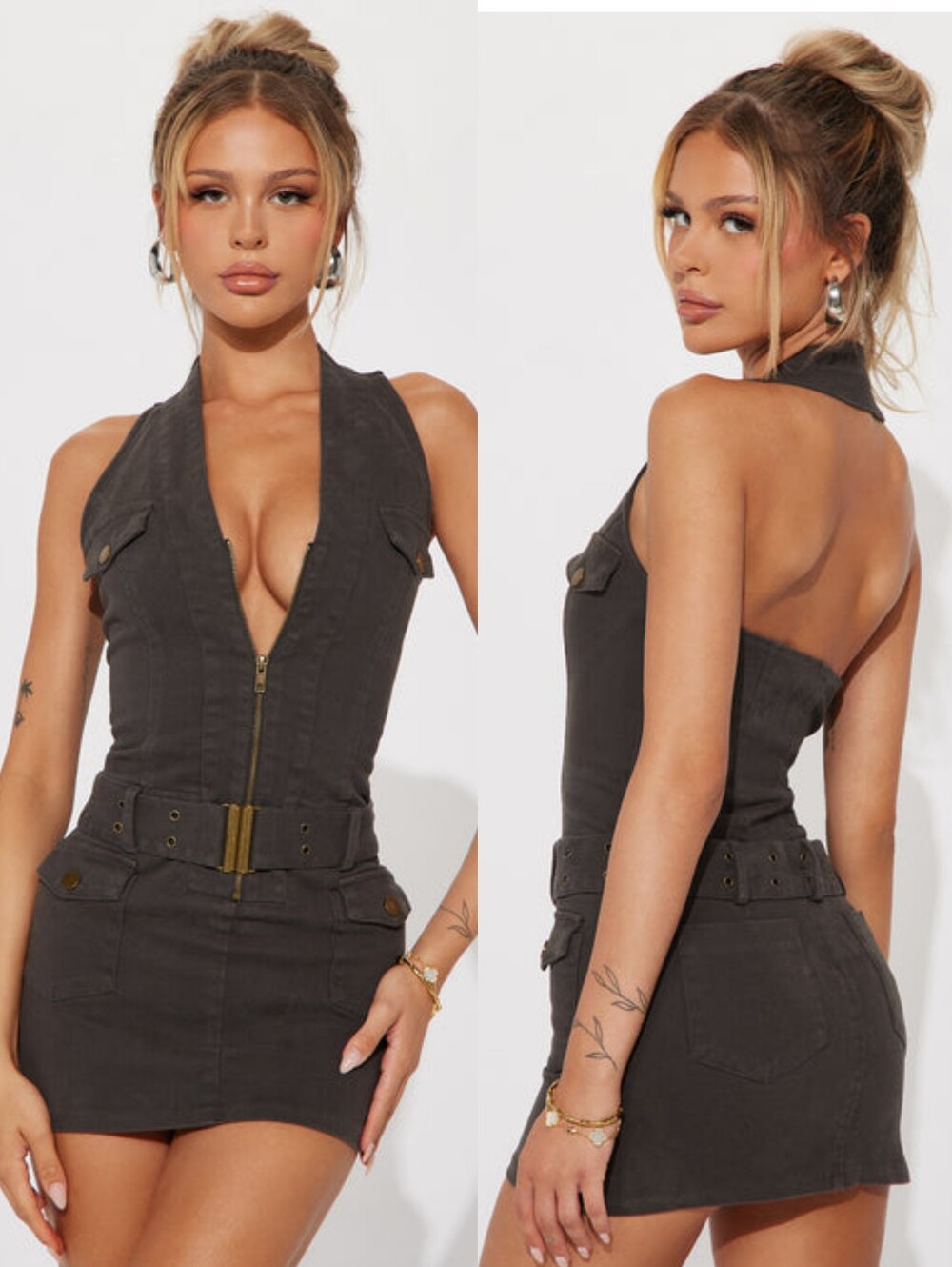 Fashion Nova Sleeveless Halter Zip Cargo Mini Dress - GREY XS